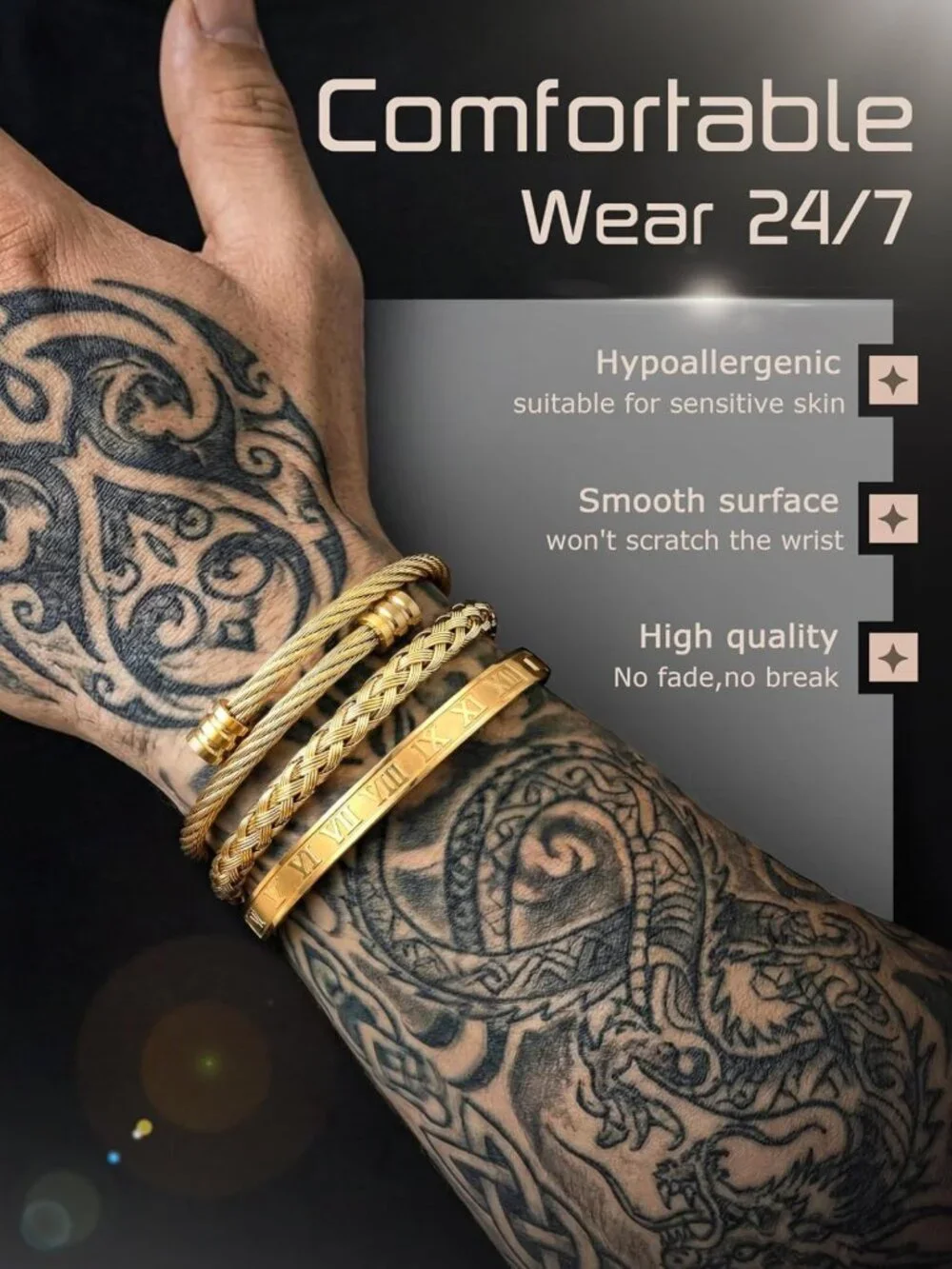 3Pcs Men's Stainless Steel Bracelets - Adjustable Roman Numeral & Twisted Cable